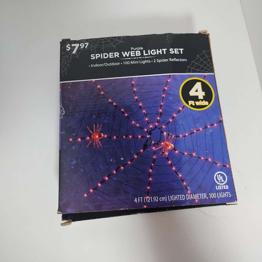 100 Ct Spider Web Shape Purple Light Set 2 Spider Reflectors Halloween Decor